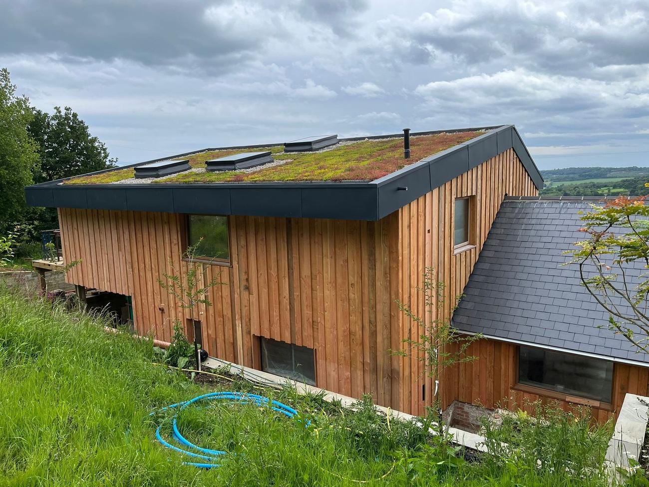 Sedum green roof and vertical larch cladding on a new build in West Dorset