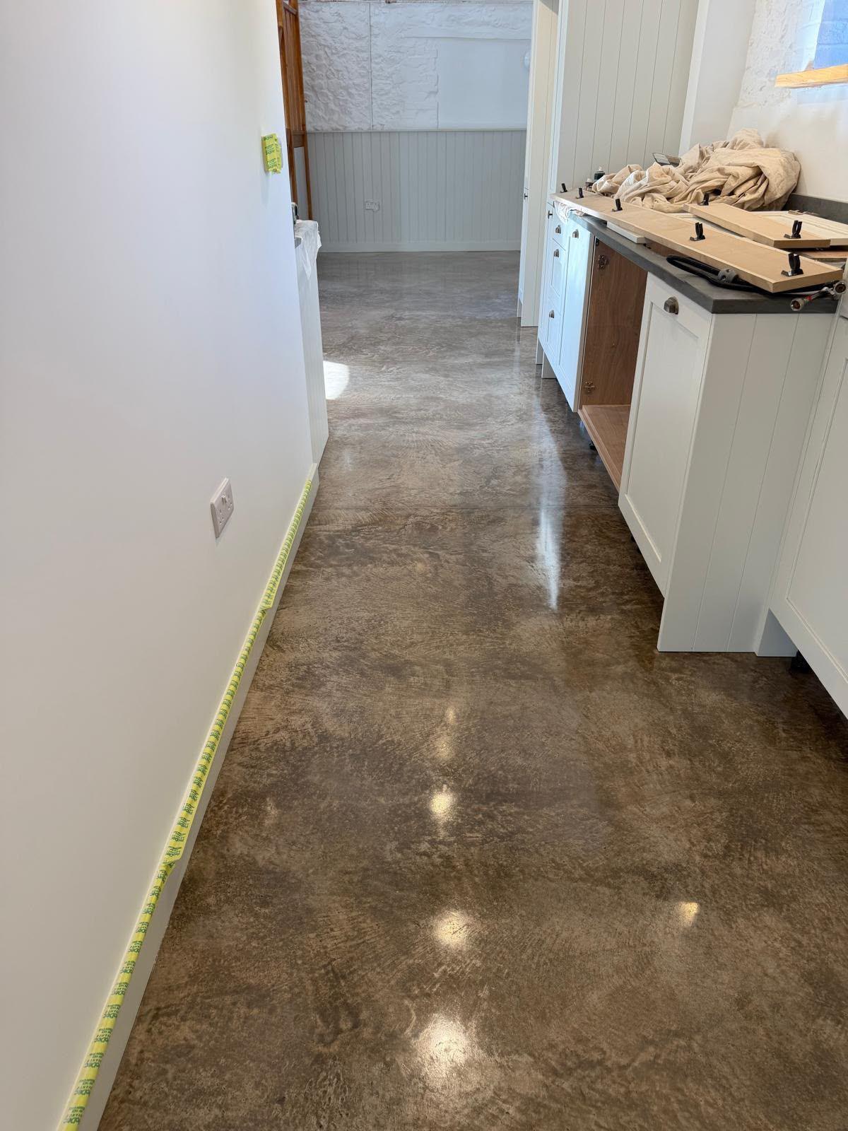 Polished concrete floor and new kitchen units in a Dorset renovation